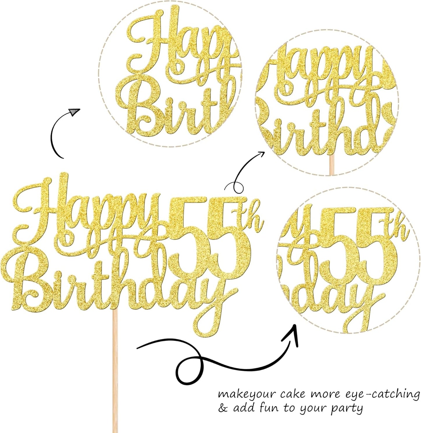 1 PCS Happy 55th Birthday Cake Topper Gold Glitter Cheers to 55 Years Birthday Cake Pick 55 Fabulous Cake Decoration for Happy 55th Birthday Theme Party Decorations Supplies