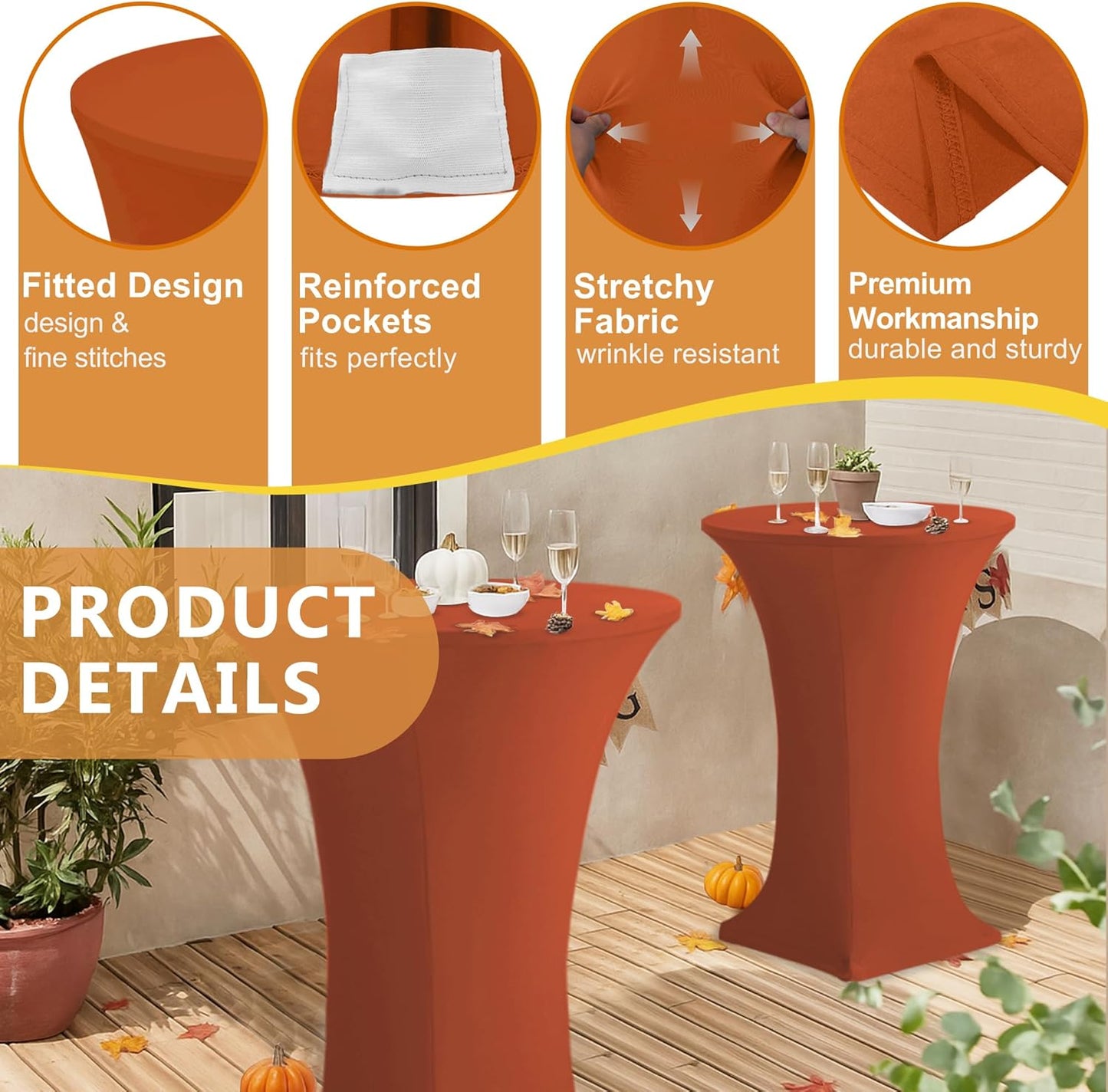 Cocktail Table Covers-Spandex Round High Top Table Cloths 6 Pack 32x43 Inch-Rust Stretch Fitted Bar Tall Tablecloth for Pub Bistro Highboy Party Event Banquet Height Folding Satnding Tables