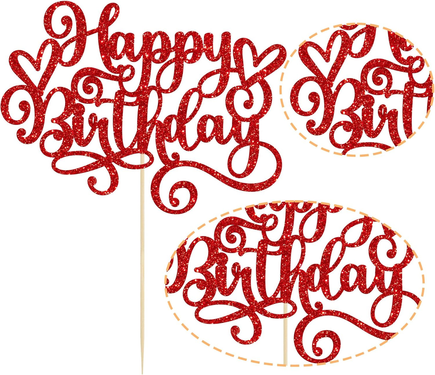 Gyufise Happy Birthday Cake Topper Glitter Cake Pick for Celebrating Anniversary Party Cake Decorations Supplies - Red (1Pcs)