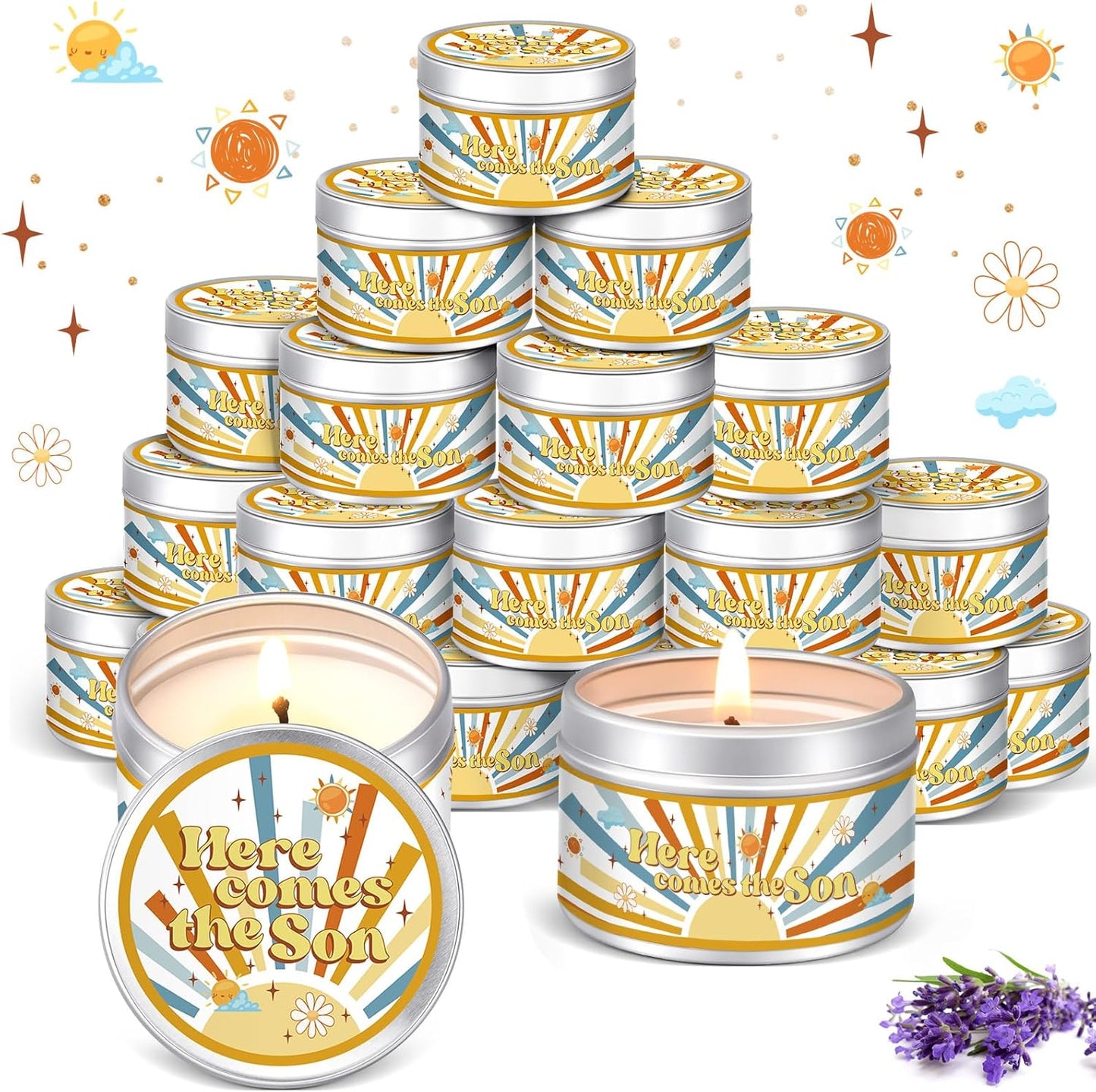 MTLEE 24 Pcs Here Comes The Son Baby Shower Party Favors Candles Lavender Scented Baby Shower Favors for Guests Rustic Tealights Candles Gender Reveal Return Gifts Girl Boy(1.2 Oz, Yellow)