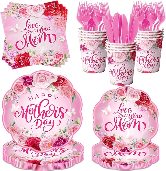 Happy Mother’s Day Party Supplies-144Psc Floral Day Plates and Napkins Cups for 24 Guests,Watercolor Flowers Design for Mothers Day Dinner Party Decorations,Family Brunch Tableware