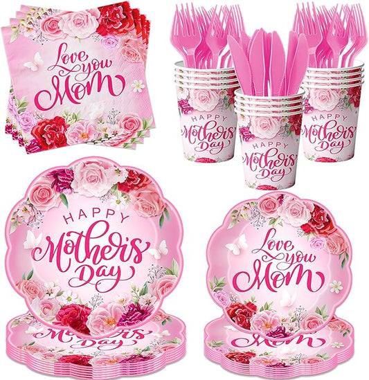 Happy Mother’s Day Party Supplies-144Psc Floral Day Plates and Napkins Cups for 24 Guests,Watercolor Flowers Design for Mothers Day Dinner Party Decorations,Family Brunch Tableware