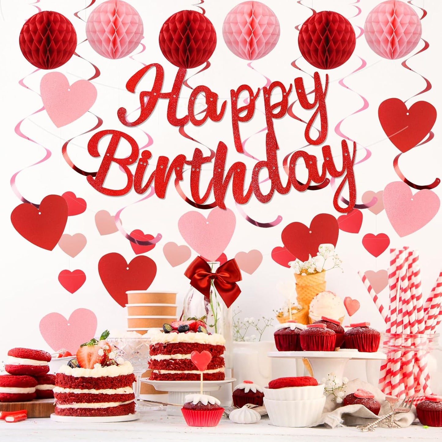 Birthday Decorations, NO DIY, Pre-Strung Happy Birthday Banner with Honeycomb Balls, Hanging Swirls, Circle Dots Garland, Happy Birthday Party Decorations for Women Men Boys Girls (Red)
