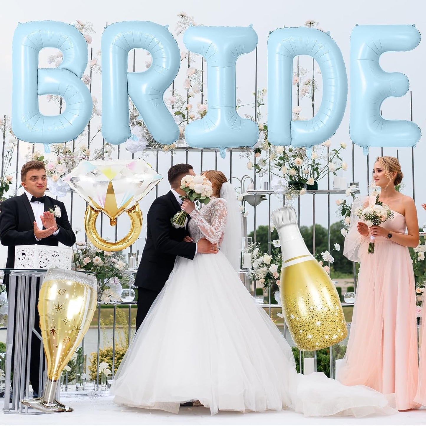 40inch Bride Balloons Baby Blue Letters Banner, Bachelorette Party Decorations Set with Diamond Ring Champagne Bottle Balloon Glass Foil Balloon for Bachelorette Engagement Wedding Bridal Shower Decor