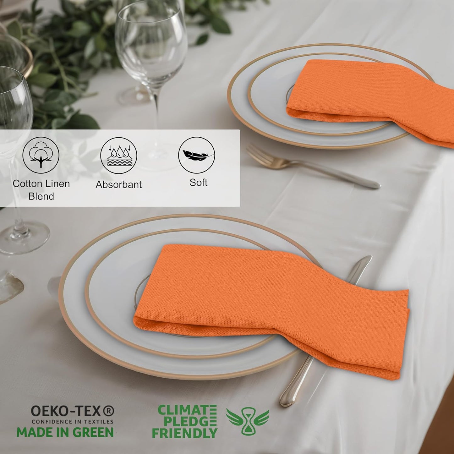 Ruvanti Linen Napkins Set of 6, 18x18 Cloth Napkins, Cotton Linen Blend Napkins Cloth Washable, Soft, Reusable Dinner Napkins for Wedding, Parties, Christmas, Thanksgiving, Everyday Use - Orange