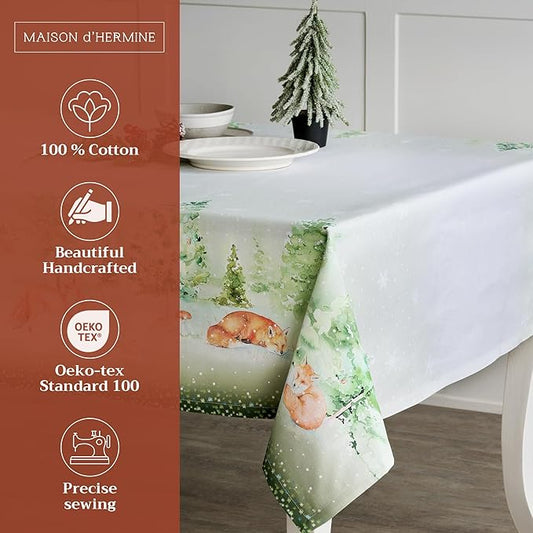 Maison d' Hermine Table Cloth Rectangle Table 100% Cotton 70 x 108 Inches Fall Tablecloth Reusable Everyday Use for Thanksgiving Christmas Decorations Dining Farmhouse Party (Winter Mornings)