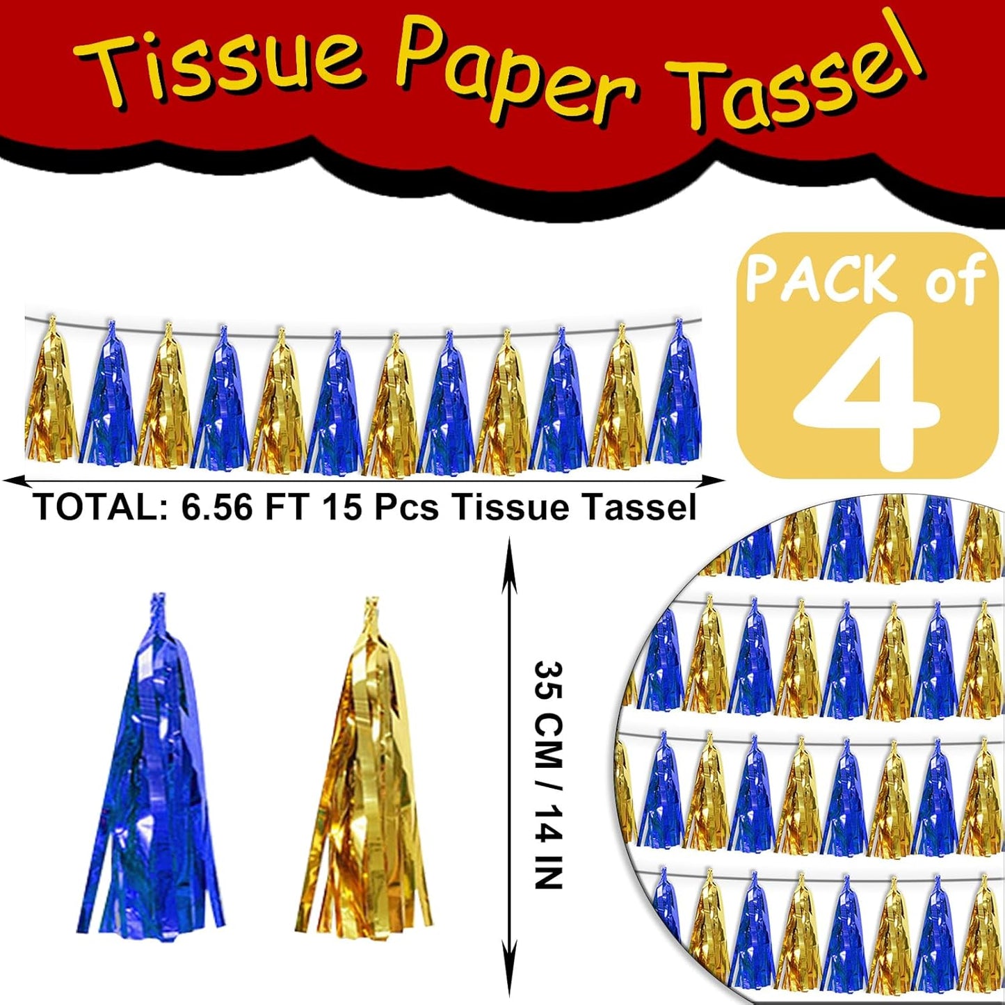 4PNavy-Blue Gold Tassel Banner Garland Metallic Foil Fringe Banner Tinsel Tassels Streamer Banner Backdrop for Parade Floats Birthday Graduation Christmas Bridal/Baby Shower Party Decorations
