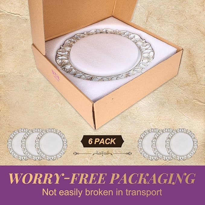 Gifturbo Antique White Charger Plates, 13" Round Chargers for Dinner Plates, Plastic Floral Plate Chargers with Embossed Rims for Wedding,Table Setting,Decoration,Set of 6