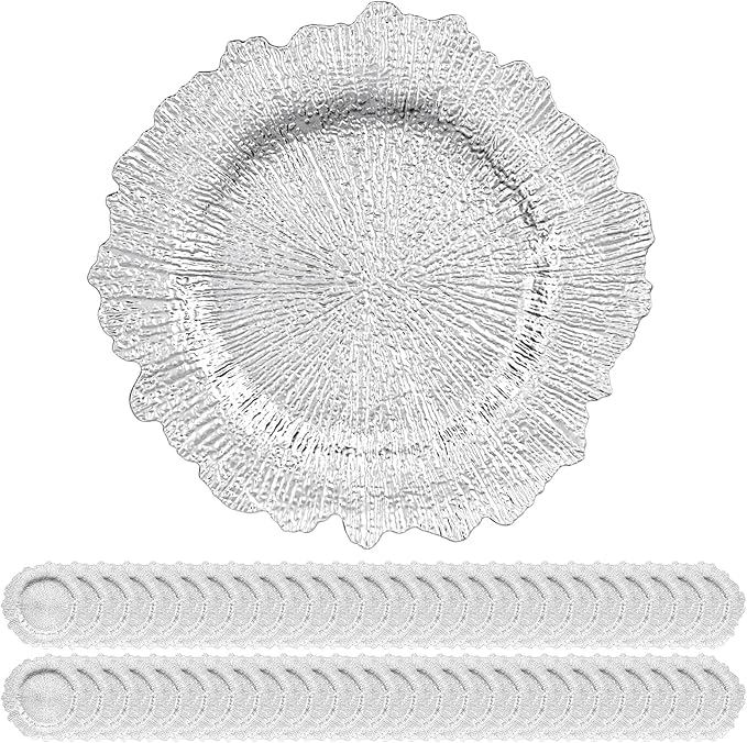 50 Pack Silver Charger Plates Bulk, 13" Plastic Reef Chargers for Dinner Plates, Round Charger Plate with Floral Reef Design for Dinner Wedding Party Table Setting Decoration