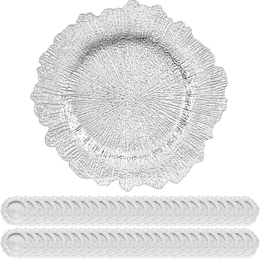50 Pack Silver Charger Plates Bulk, 13" Plastic Reef Chargers for Dinner Plates, Round Charger Plate with Floral Reef Design for Dinner Wedding Party Table Setting Decoration