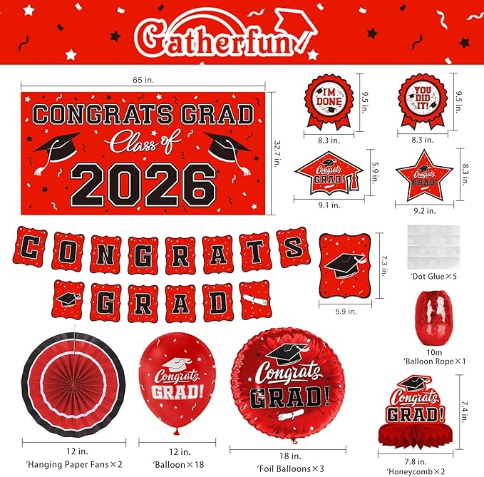 Red Themed 2026 Graduation Decorations Set - Congrats Grad Banner, Class of 2026Backdrop, Balloons & Streamers Kit - Complete Party Supplies for High School & College Celebrations