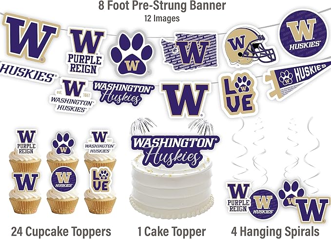 Washington Party Supplies for Football, Birthday Gift, Graduation Party Banner and Cake Toppers (42 Pieces) (Washington Huskies)