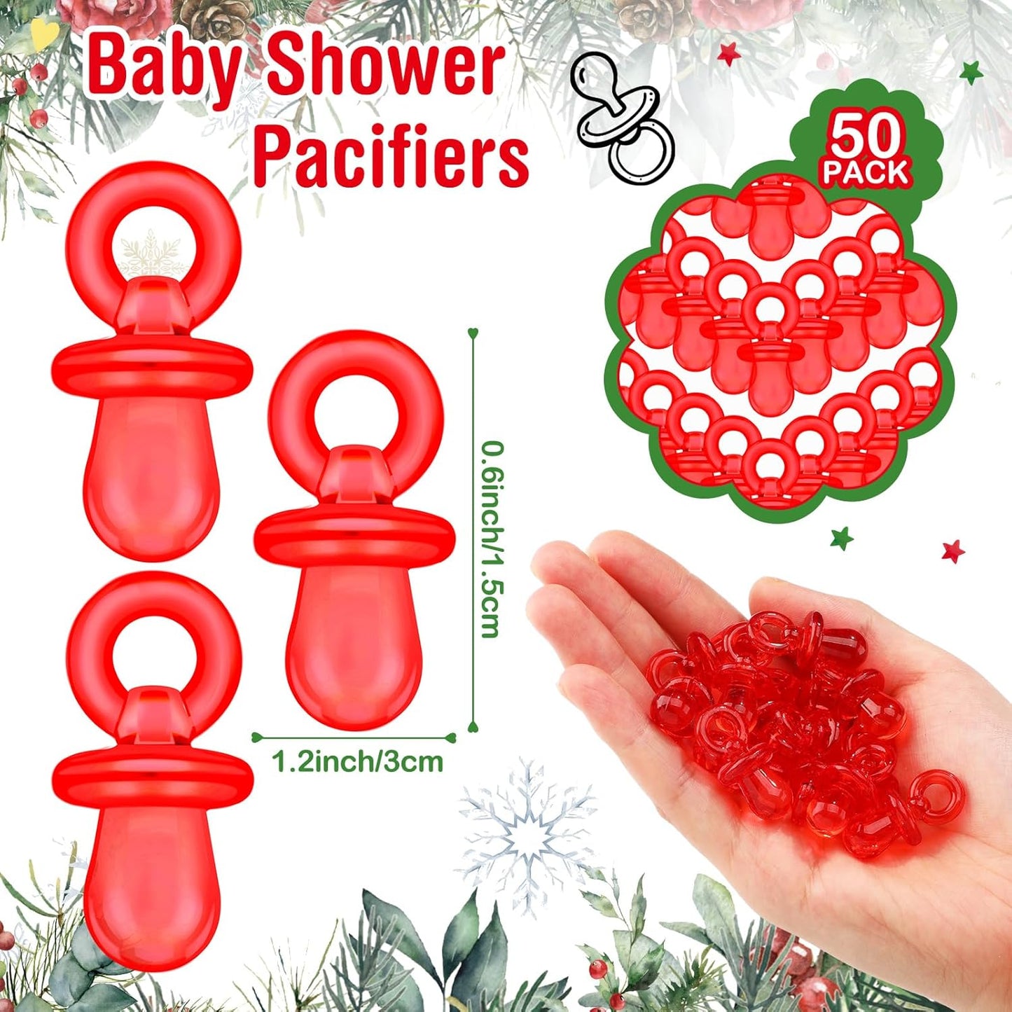 Thyle 51 Pcs Santa Themed Baby Shower Games Pacifier Hunt Include Hunt Sign and 50 Acrylic Pacifiers a Santa Baby Is on the Way Party Decorations Christmas Theme Gender Reveal Gift Sets Party Decor