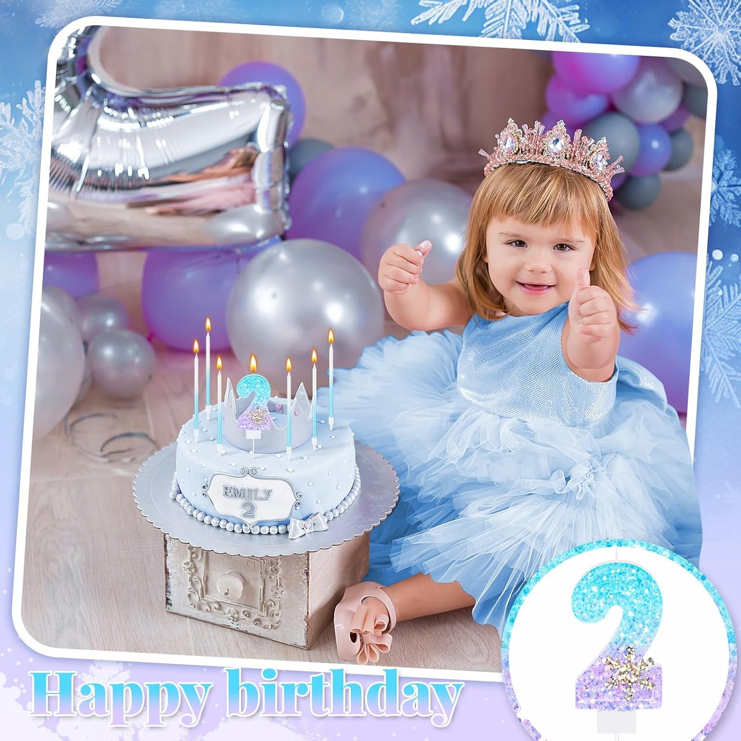 MTLEE Number 2 Birthday Candle Blue Snowflake with 6 Long Thin Cupcake Candles Blue Sparklers Glitter Number Happy Birthday Cake Topper Decorations for Winter Party Supplies