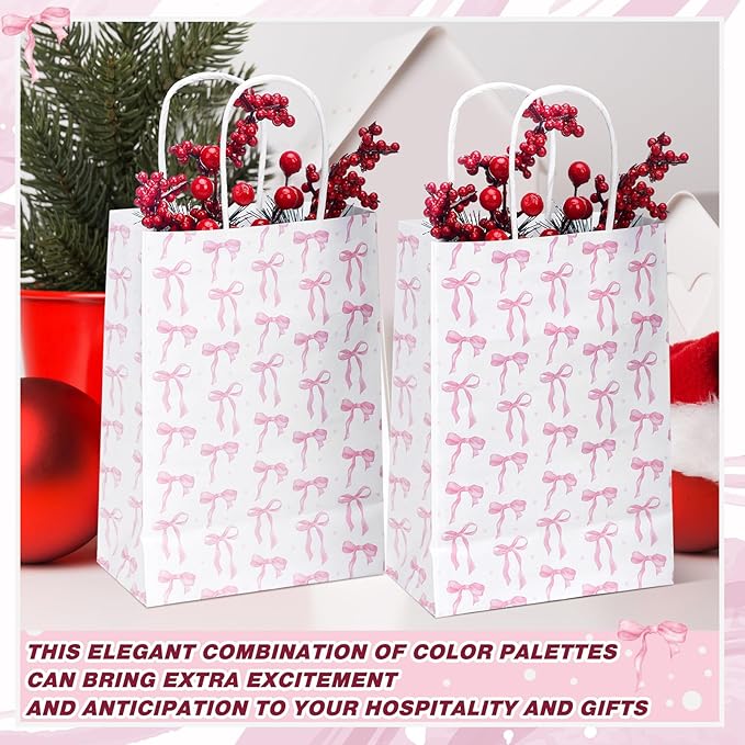 Kolldenn 16 Pcs Coquette Pink Bow Paper Gift Bags Women Mother's Day Birthday Favor Goodie Candy Bags with Handles for Bridal Engagement Baby Shower Party Supplies