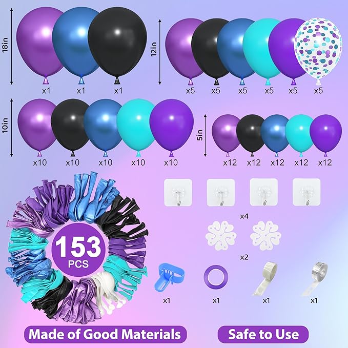 Amandir 153pcs Black Purple Blue Balloon Arch Garland Kit, Different Sizes 18 12 10 5 inch Confetti Teal Metallic Blue Purple Balloons for Video Outer Space Cat Themed Shower Birthday Party Decoration