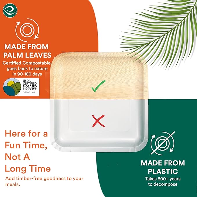 ECO SOUL 6 Inch Disposable Palm Leaf Plates [100 Pack] Premium Food-Safe Heavy Duty Compostable Bamboo Paper Plates for Dessert, Dinner, Apetizers, Weddings, Party, Camping & Catering Events [Square]