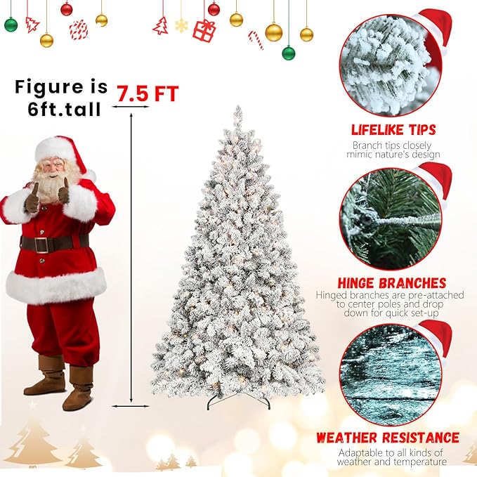 7.5FT Prelit Flocked Christmas Tree with 550 Lights & 1474 Branch Tips, Pre Lit Hinged Xmas Tree with Memory Wire Technology, Premium Artificial Christmas Tree with Pine Cone for Holiday Decoration