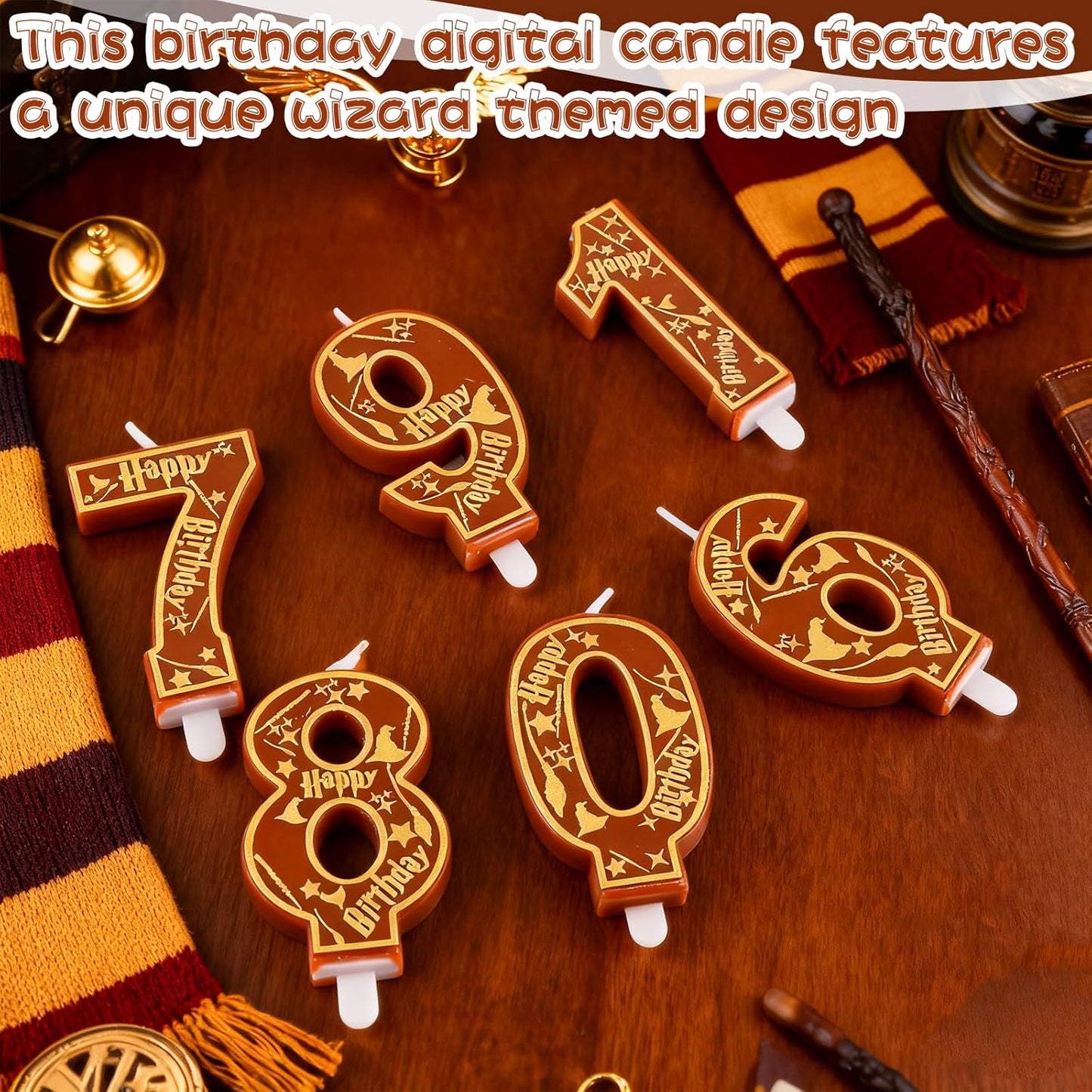 Brown Magical Wizard Party Birthday Candles Number 8 Candle Cake Topper Wizard School Themed Happy 8th Birthday Cake Decorations for Boys Girls Kids Party Favors Supplies Decorations Gifts