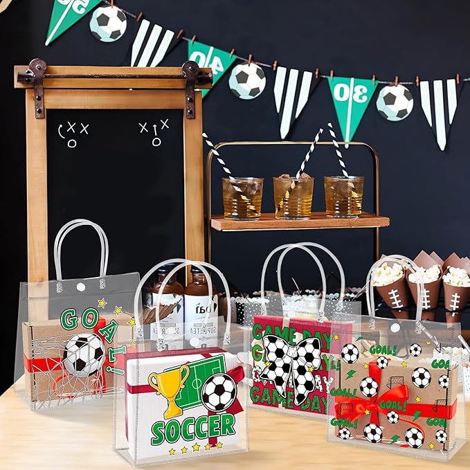 H1vojoxo Soccer Party Gift Bags - 24PCS Soccer Clear PVC Gift Bags with Handles Bulk 4 Styles Sports Theme PVC Plastic Gifts Wrap Tote Bag Reusable Clear Gift Bag for Ball Team Birthday Party Favor