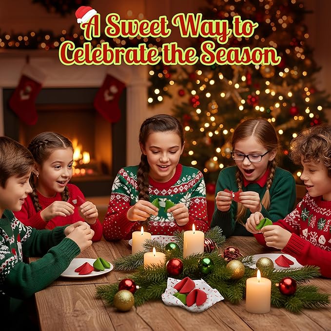 4E's Novelty Christmas Fortune Cookies Bulk, 50 Individually Wrapped Funny Fortune Cookies with Holiday Sayings for Kids & Adults, Perfect Christmas Candy Snacks, Party Favors & Treats