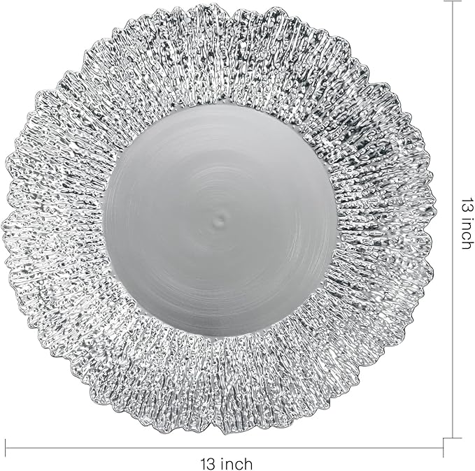 Coloch Set of 12 Plastic Charger Plates, 13" Reusable Reef Serving Chargers for Dinner Plate Round Shiny Decorative Charger Plate for Wedding, Catering, Parties, Restaurant, Home Dinner Use (Silver)