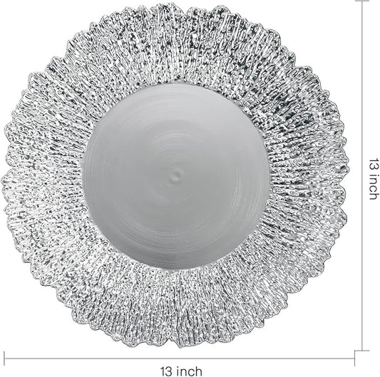 Coloch Set of 12 Plastic Charger Plates, 13" Reusable Reef Serving Chargers for Dinner Plate Round Shiny Decorative Charger Plate for Wedding, Catering, Parties, Restaurant, Home Dinner Use (Silver)