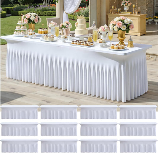 12pack White Spandex Tablecloths 6ft for Rectangle Tables, Wrinkle Free Classy Table Skirt Stretchy 6 Foot Fitted Table Cloths Covers for Weddings Birthday Party Events Banquette Baby Shower