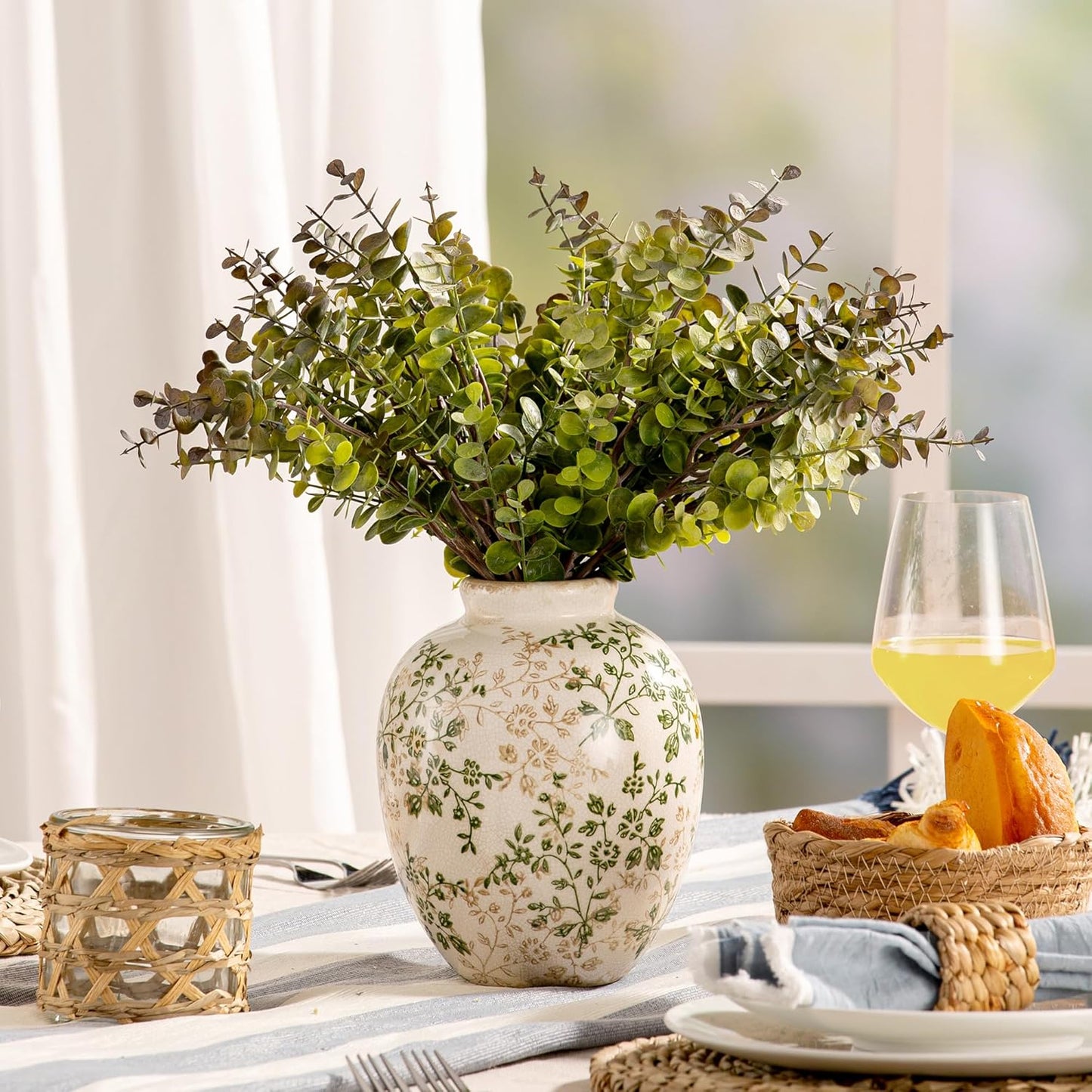 Ceramic Rustic Vase, Green and Beige Flower Vintage Decorative Vase Chinoiserie Decor Rustic Farmhouse Retro Floral Vases for Table Bookshelf Mantel Kitchen Living Room Office- 7.8inch