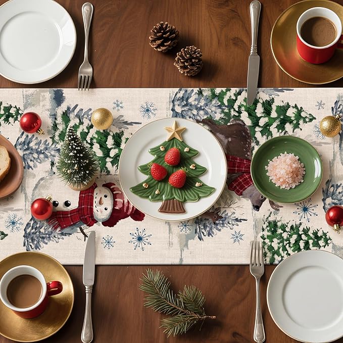 Artscope Reindeer Snowman Christmas Tree Table Runner, Xmas Winter Snowflakes Holiday Kitchen Dining Table Decoration for Christmas Home Party Decor 13x90 Inch-Beige