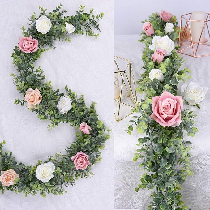DearHouse 4 Pack Faux Eucalyptus Garland Plant, Artificial Vines Hanging Eucalyptus Leaves Greenery Garland for Wedding Backdrop Arch Wall Decor,5.9 Feet/pcs UV Protected Indoor Outdoor
