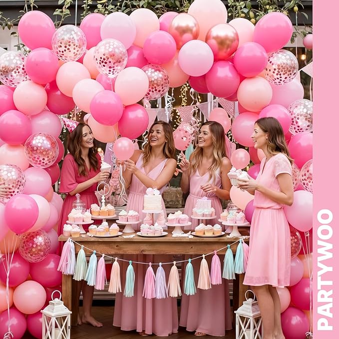 PartyWoo Pink Balloons 65pcs 12 Inch Pearl Metallic Mauve Magenta Fuchsia Hot Pink Confetti Latex Balloons for Gender Reveal Bridal Shower Baby Shower Princess Theme Birthday Party Decorations