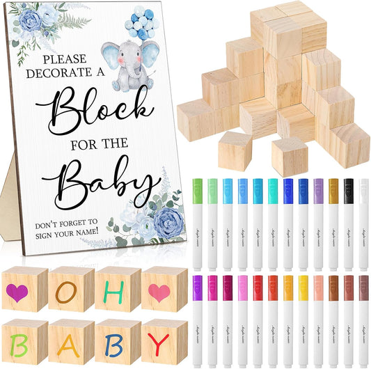 Tatuo 75 Pcs Baby Shower Games Sign Kit Including Decorate a Block Game Sign 50 DIY Wooden Block 24 Acrylic Paint Marker Baby Shower Prize for Gender Reveal Party(Cute Elephant)
