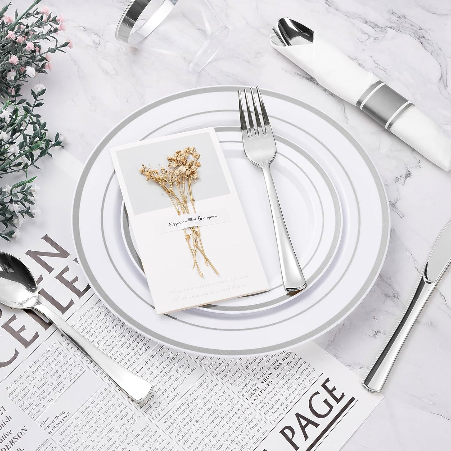 BESTVIP 175PCS Silver Plastic Dinnerware Set, Disposable Party Plates for 25 Guests, Include: 50 Plastic Plates, 25 Pre Rolled Napkins with Silver Silverware, 25 Cups for Christmas, Halloween