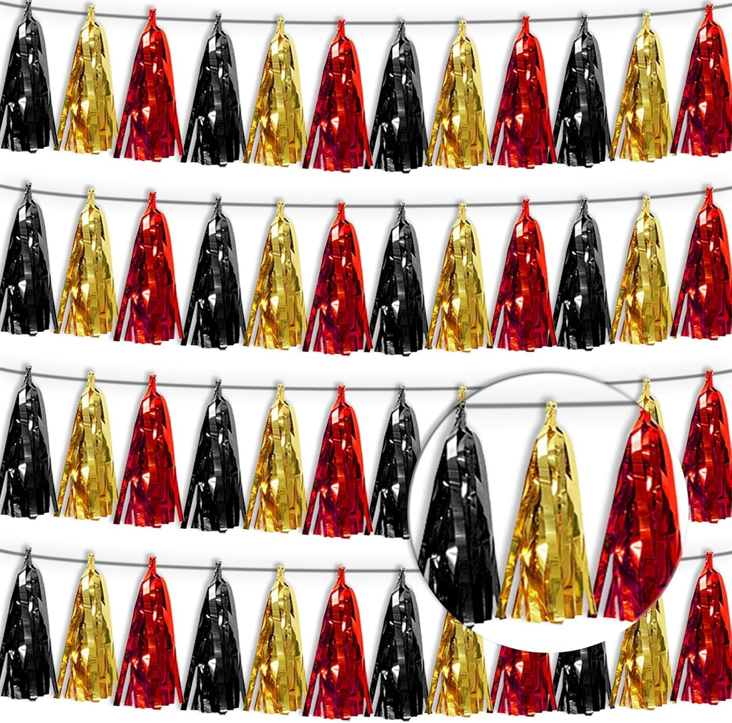 4P Red-Black Gold Tassel Banner Garland Metallic Foil Fringe Banner Tinsel Tassels Streamer Banner Backdrop for Parade Floats, 2025 Graduation Decorations, Baby Bridal Shower Party Decoration