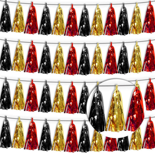 4P Red-Black Gold Tassel Banner Garland Metallic Foil Fringe Banner Tinsel Tassels Streamer Banner Backdrop for Parade Floats, 2025 Graduation Decorations, Baby Bridal Shower Party Decoration