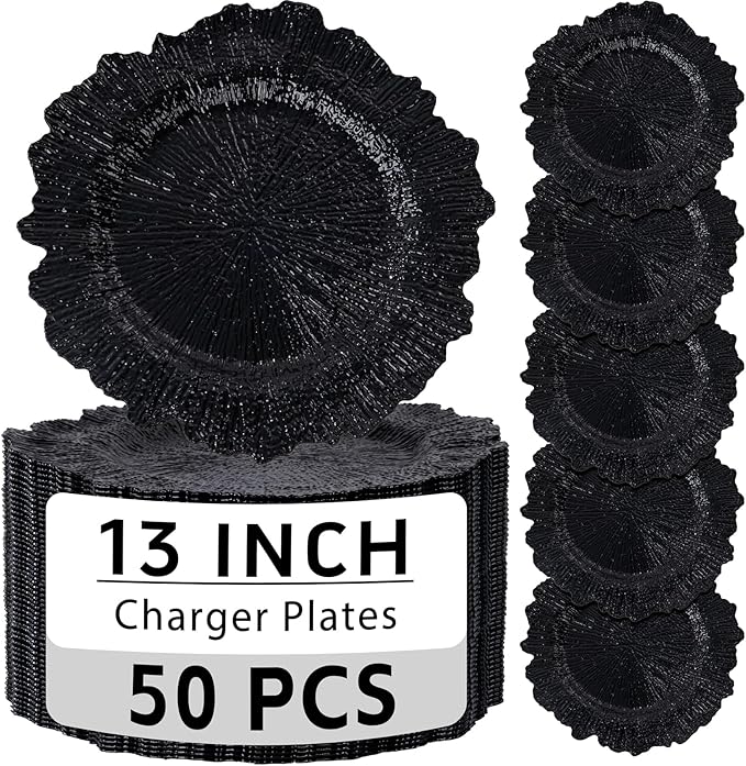 EI 50pcs Black Charger Plates With Reef High-end,13 Inch Black Chargers Heavy duty for Dinner Plates,Decorative Plate for Afternoon Tea,Wedding,Events,Business Events,Hotel Banquets