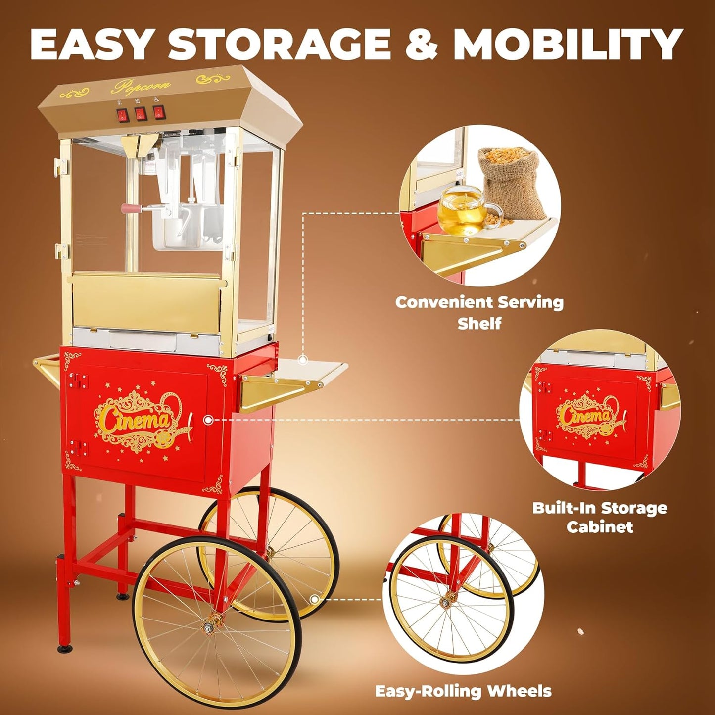 Upgraded 16oz Commercial Popcorn Machine with Cart, Large Popcorn Machine Makes Up to 80 Cups, Movie Theater Pop Corn Machine with Easy-Rolling wheels & Stainless-Steel Kettle, Red&Gold