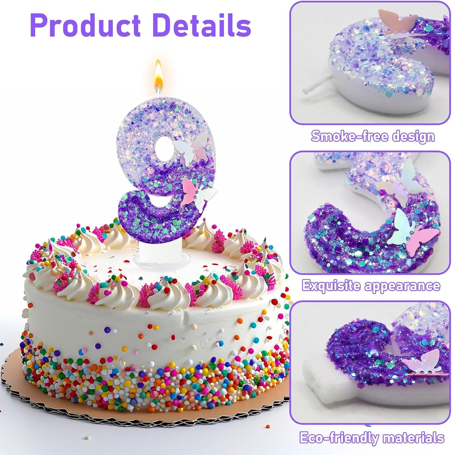 9Th Birthday Candle for Cake，Butterfly Cake Toppers，Butterfly Birthday Decorations，Purple Birthday Candles，for Birthdays,Theme Parties, Celebration, Anniversary