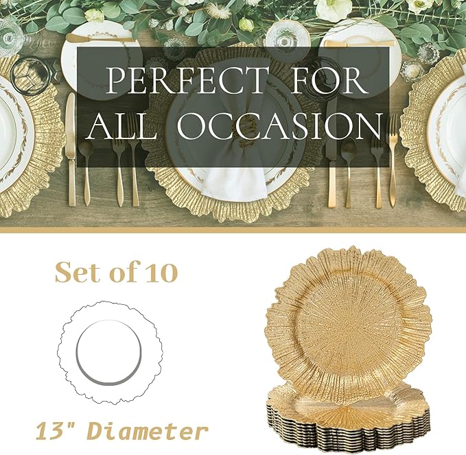 MAONAME 13" Gold Charger Plates Set of 10, Reef Plate Chargers, Round Charger for Dinner Plates, Plastic Table Chargers for Wedding Decor