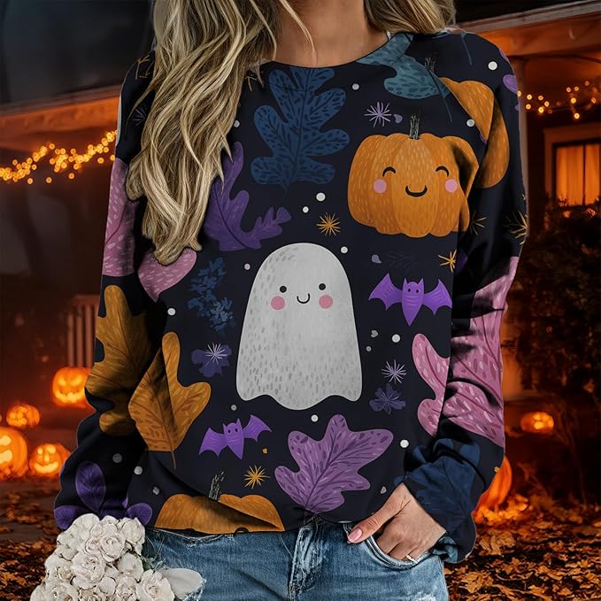 Sweatshirts for Women Graphic Print Casual Pullover Tops Long Sleeve Crewneck Halloween T Shirts
