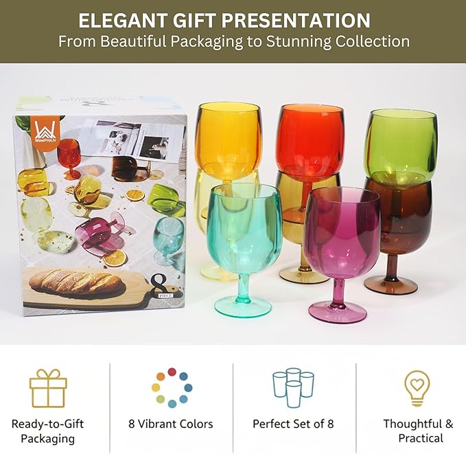 8.5 oz Plastic Stem Wine Glasses, Colored Stackable Acrylic Goblets, Reusable Drinking Cup for Kids, BPA-Free, Dishwasher Safe Tumblers for party (Set of 8, Gift Box)