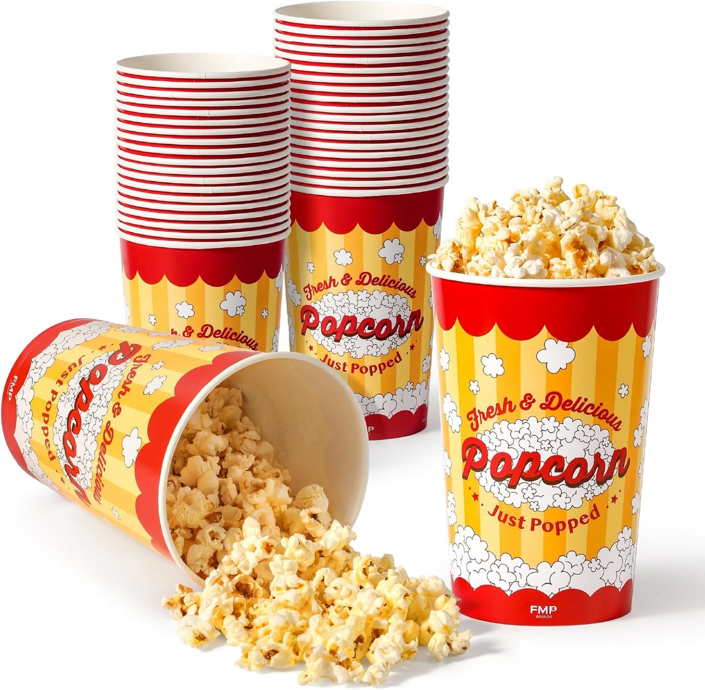 Fit Meal Prep 25 Pack Classic Paper Popcorn Buckets Disposable, 64 Oz Grease Resistant Popcorn Bowls Cups for Machine Home Theater Carnival Movie Night