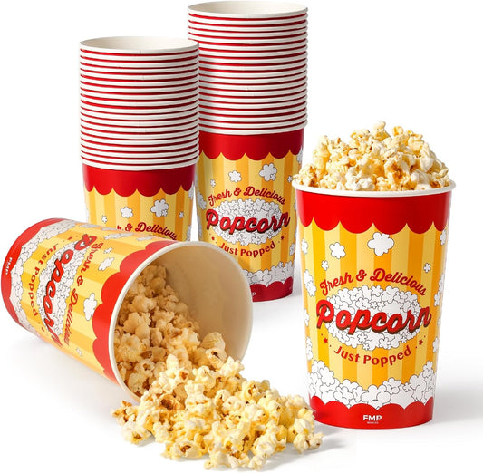 Fit Meal Prep 25 Pack Classic Paper Popcorn Buckets Disposable, 64 Oz Grease Resistant Popcorn Bowls Cups for Machine Home Theater Carnival Movie Night