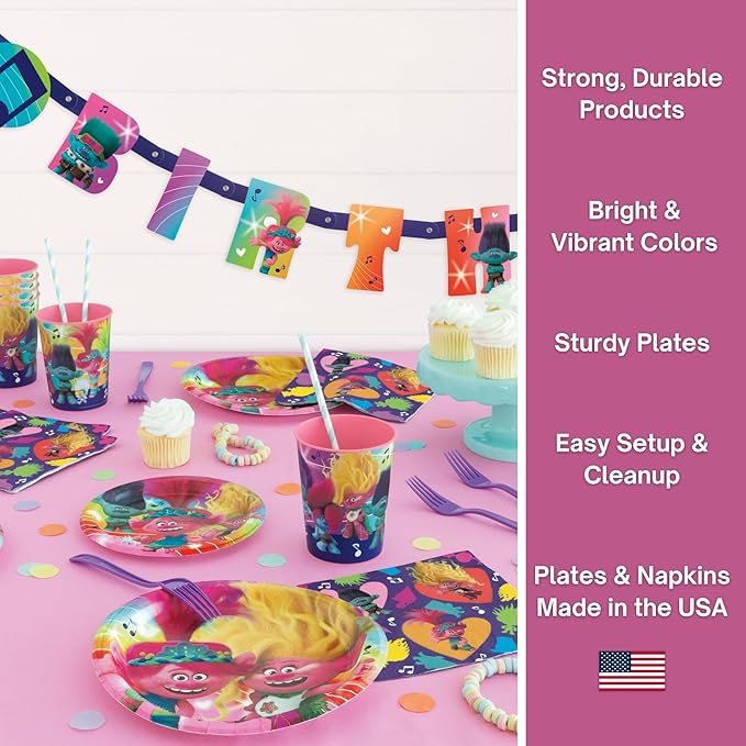 Trolls Birthday Party Decorations for 16 - Bundle with Trolls Plates and Napkins, Tablecloth, Banner, Checklist - Party Supplies - Officially Licensed