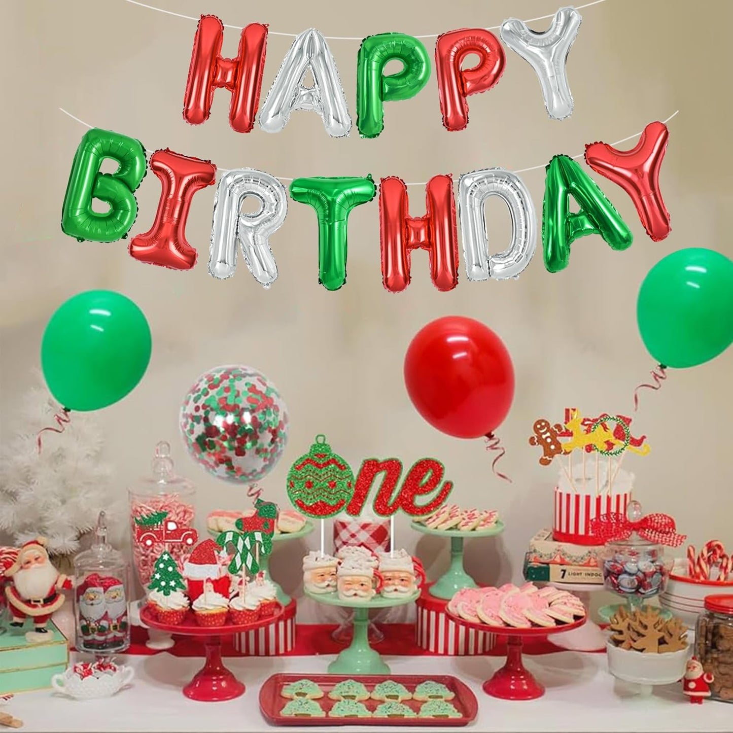 TONIFUL Red Green Silver Happy Birthday Balloons Banner,16 Inch Mylar Foil Birthday Sign Banner for Girls Boys Kids & Adults Birthday Decorations Christmas Party New Year's Eve Supplies