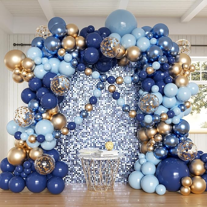 Navy Blue and Gold Balloons Arch Kit, 162pcs Different Sizes with Navy Pastel Blue Chrome Gold Confetti Balloons for 2025 Graduation Prom Anniversary Ocean Baby Shower Birthday Party Decorations