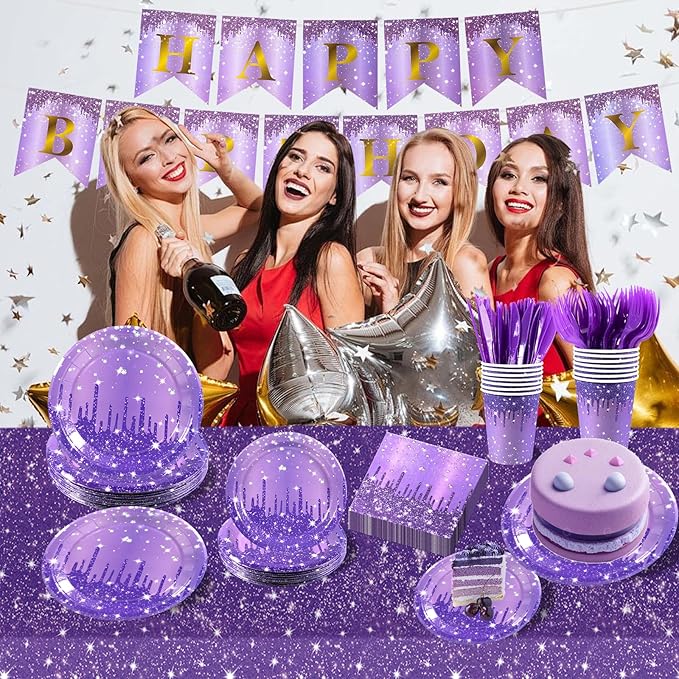 182PCS Purple and Silver Birthday Party Decorations,Purple Theme Party Plates and Napkins Disposable Tableware Set for Girls Ladies Women Wedding Favors,Serves 30 Guests
