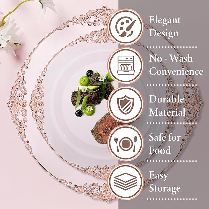 Nervure 175PCS Rose Gold Plastic Plates - Disposable Rose Gold Party Plates & Pre Rolled Napkins with Cutlery for 25 Guests, 50Plates, 75Silverware, 25Cups, 25Napkin for Wedding & Party & Easter