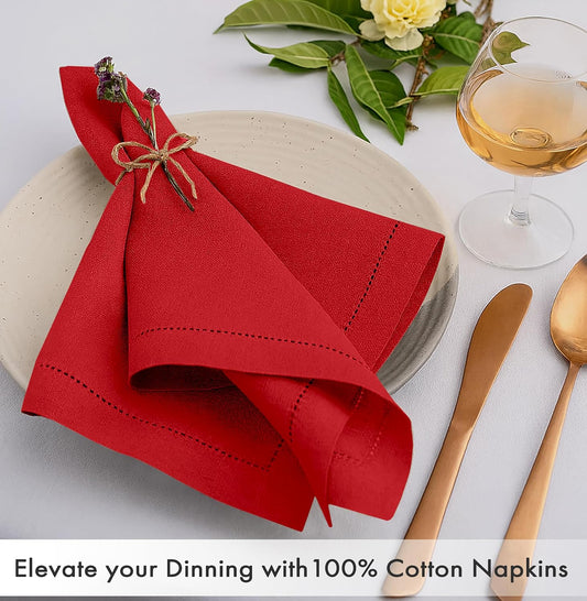 Ruvanti Cloth Napkins - 100% Cotton Dinner Napkins, Hem Stitched Corners, 18x18 Inch, 12 Pack - Soft, Absorbent, Durable, Reusable, Wrinkle Resistant for Formal Dining & Everyday Use - Flame Scarlet